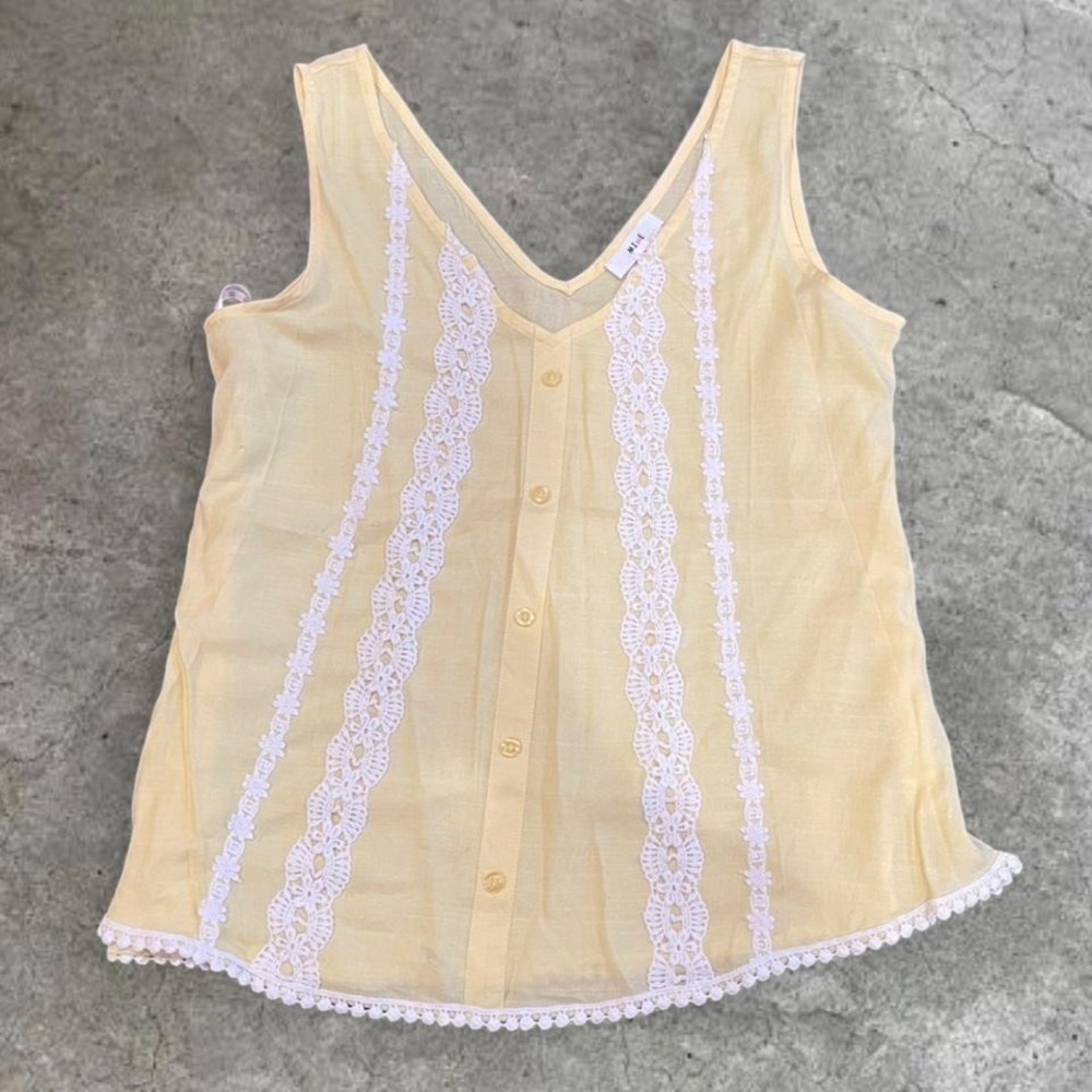 y2k yellow lace trim embroidered flowy tank small